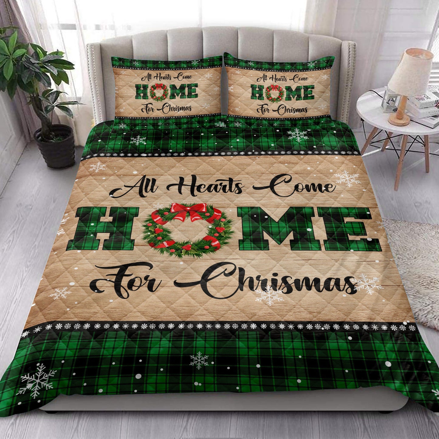 Christmas Quilt Set, All Hearts Come Homemas Snowflake Green Buffalo Plaid Quilt Blanket With Pillowcases, Quilt Bedding Set, Christmas Gift