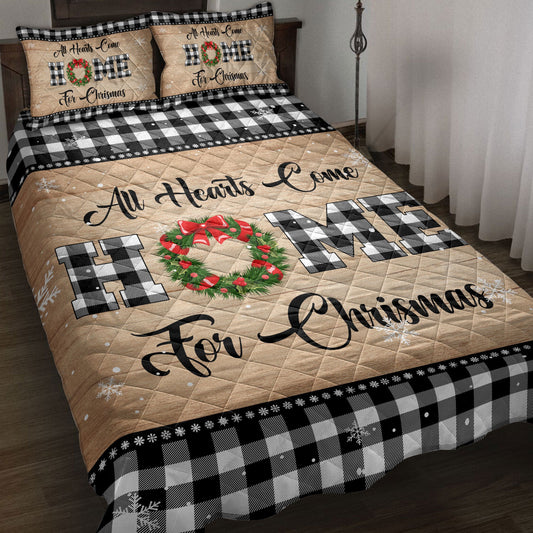 Christmas Quilt Set, All Hearts Come Homemas Wreath Snowflake Buffalo Plaid Quilt Blanket With Pillowcases, Quilt Bedding Set, Christmas Gift