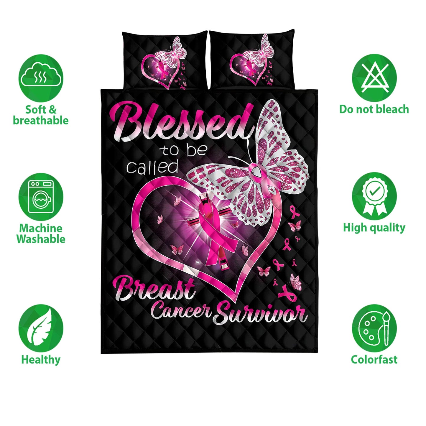 Breast Cancer Quilt Set, Blessed To Be Called Breast Cancer Survivor Quilt Blanket With Pillowcases, Quilt Bedding Set
