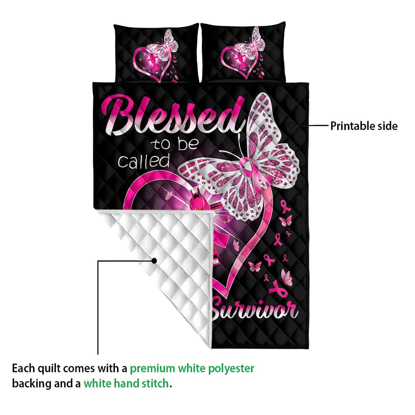 Breast Cancer Quilt Set, Blessed To Be Called Breast Cancer Survivor Quilt Blanket With Pillowcases, Quilt Bedding Set