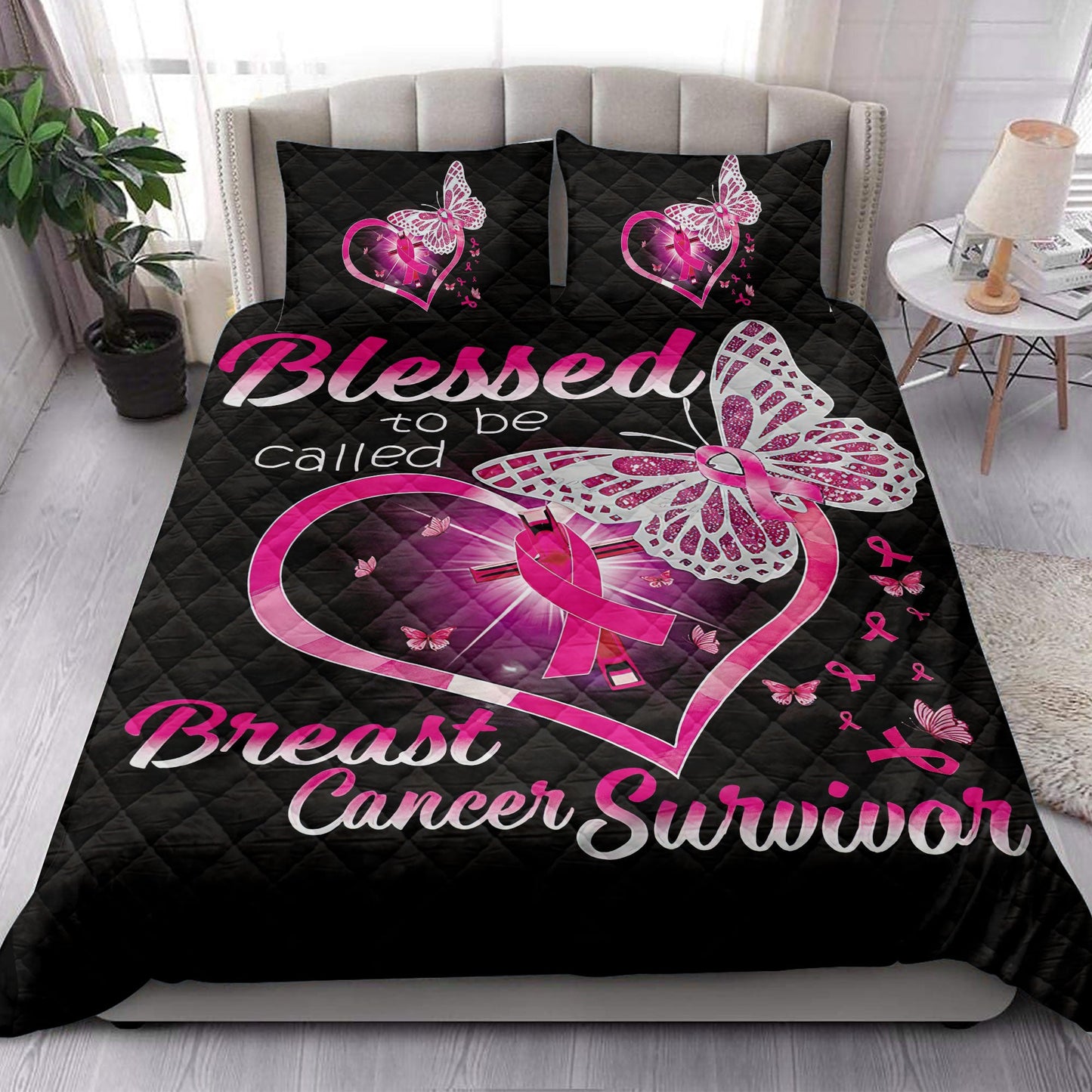 Breast Cancer Quilt Set, Blessed To Be Called Breast Cancer Survivor Quilt Blanket With Pillowcases, Quilt Bedding Set
