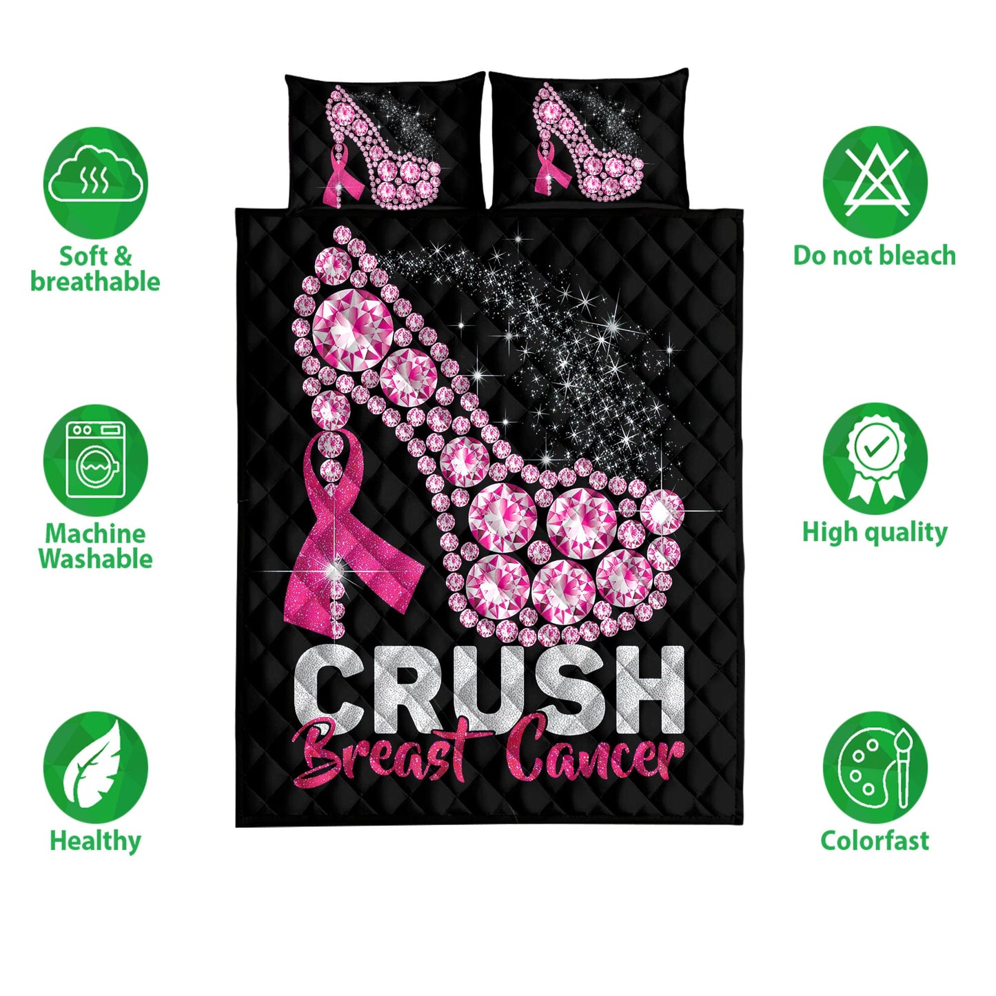Breast Cancer Quilt Set, Cr Ush Breast Cancer Sparkle High Heel Quilt Blanket With Pillowcases, Quilt Bedding Set