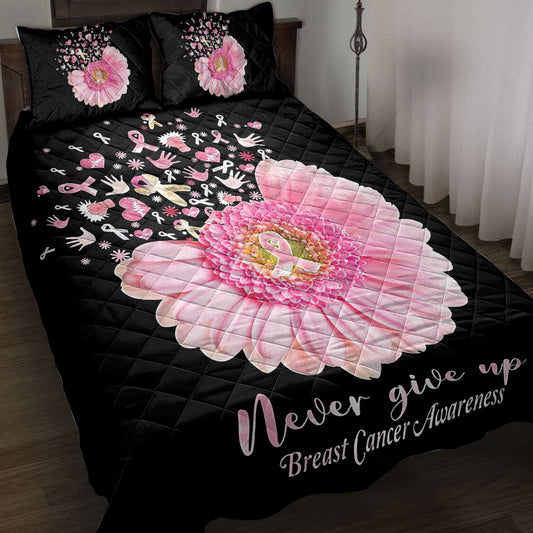 Breast Cancer Quilt Set, Breast Cancer Awareness Never Give Up Quilt Blanket With Pillowcases, Quilt Bedding Set