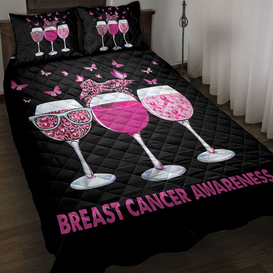 Breast Cancer Quilt Set, Breast Cancer Awareness Goblets Quilt Blanket With Pillowcases, Quilt Bedding Set