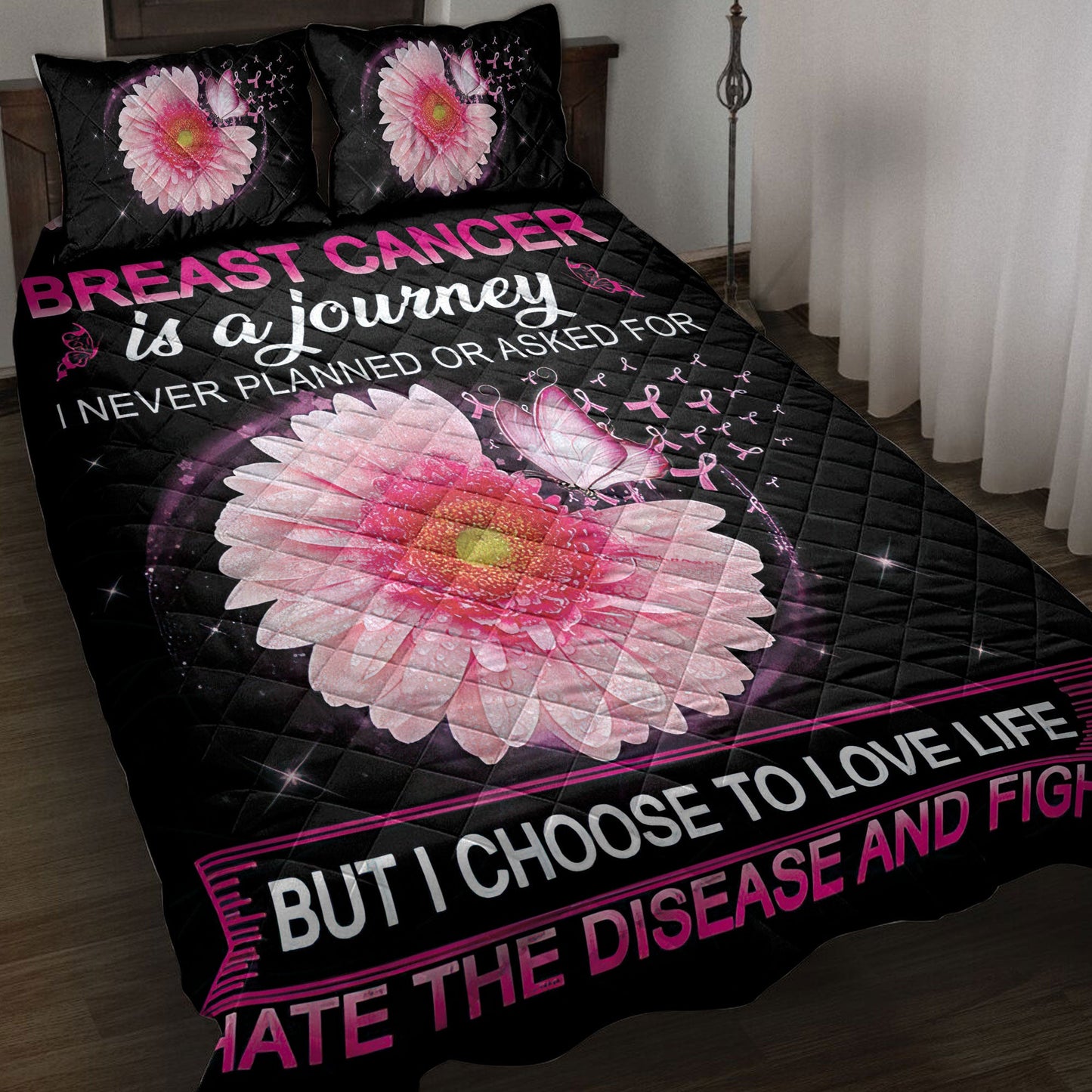 Breast Cancer Quilt Set, Breast Cancer Is A Journey I Never Planned Or Asked Quilt Blanket With Pillowcases, Quilt Bedding Set
