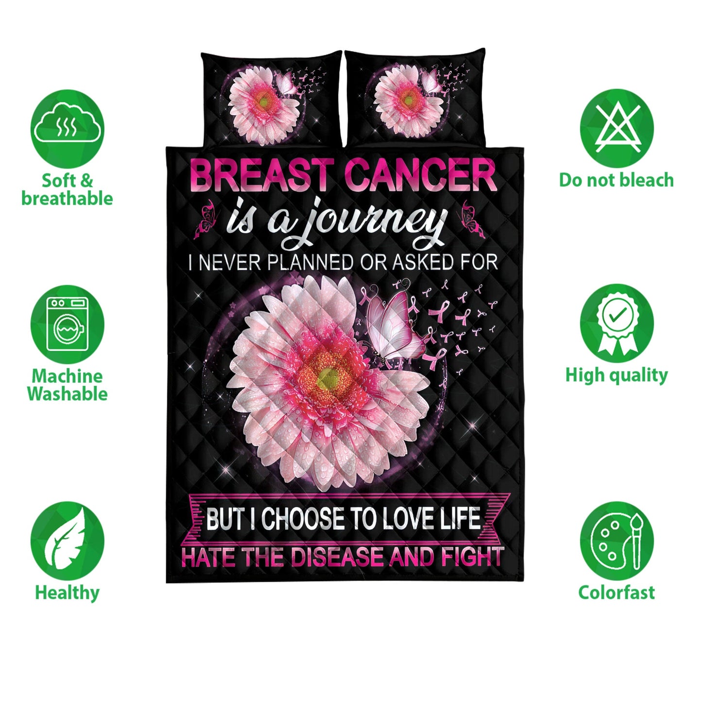 Breast Cancer Quilt Set, Breast Cancer Is A Journey I Never Planned Or Asked Quilt Blanket With Pillowcases, Quilt Bedding Set