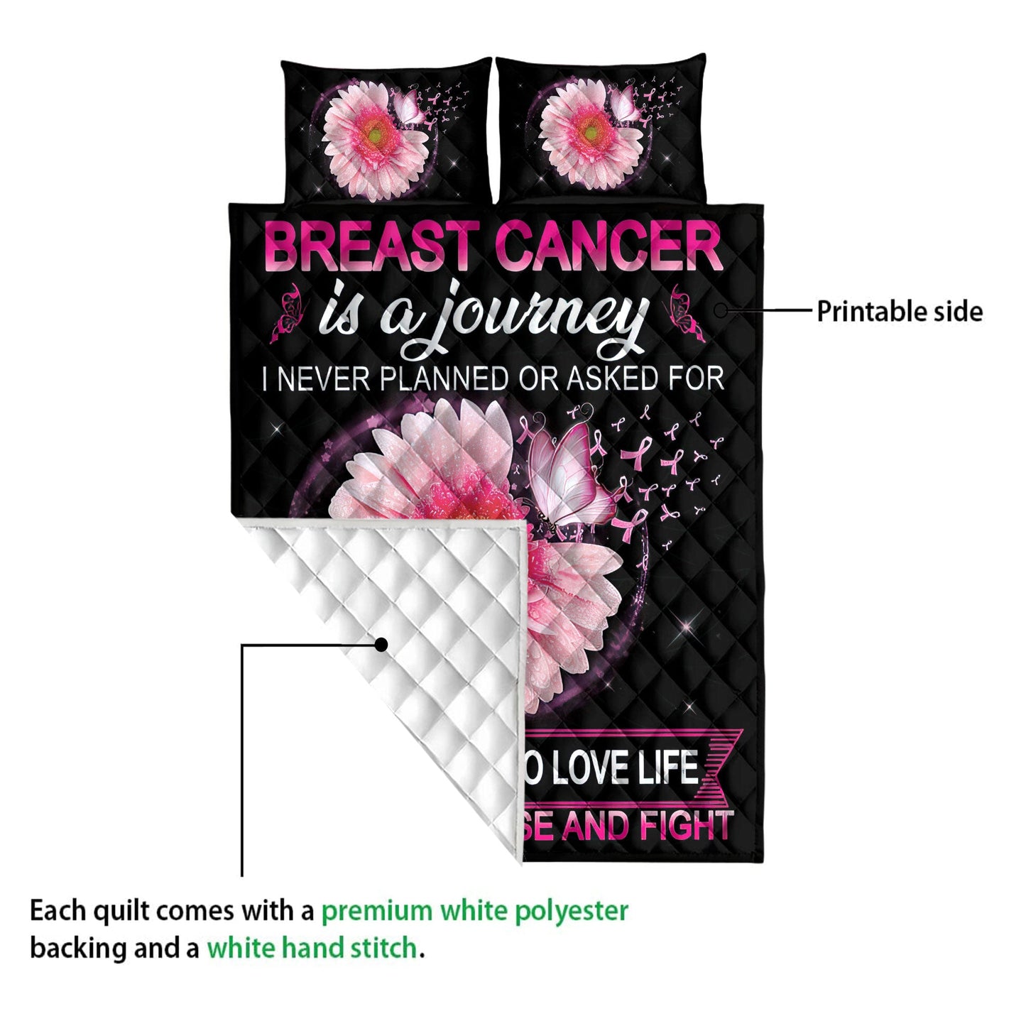 Breast Cancer Quilt Set, Breast Cancer Is A Journey I Never Planned Or Asked Quilt Blanket With Pillowcases, Quilt Bedding Set