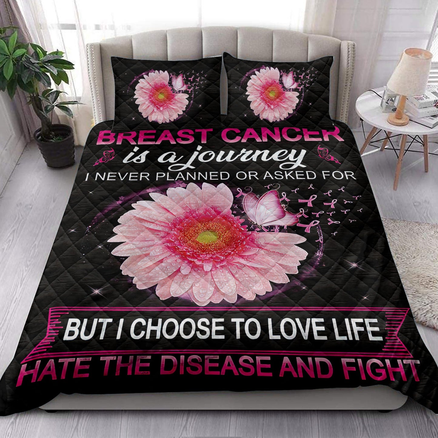 Breast Cancer Quilt Set, Breast Cancer Is A Journey I Never Planned Or Asked Quilt Blanket With Pillowcases, Quilt Bedding Set