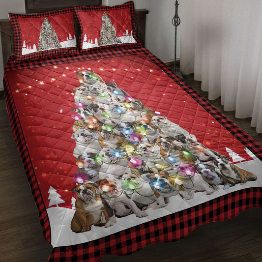 Bulldog Quilt Set, Bulldogmas Noel Xmas Tree Dog Quilt Blanket With Pillowcases, Quilt Bedding Set, Christmas Gift