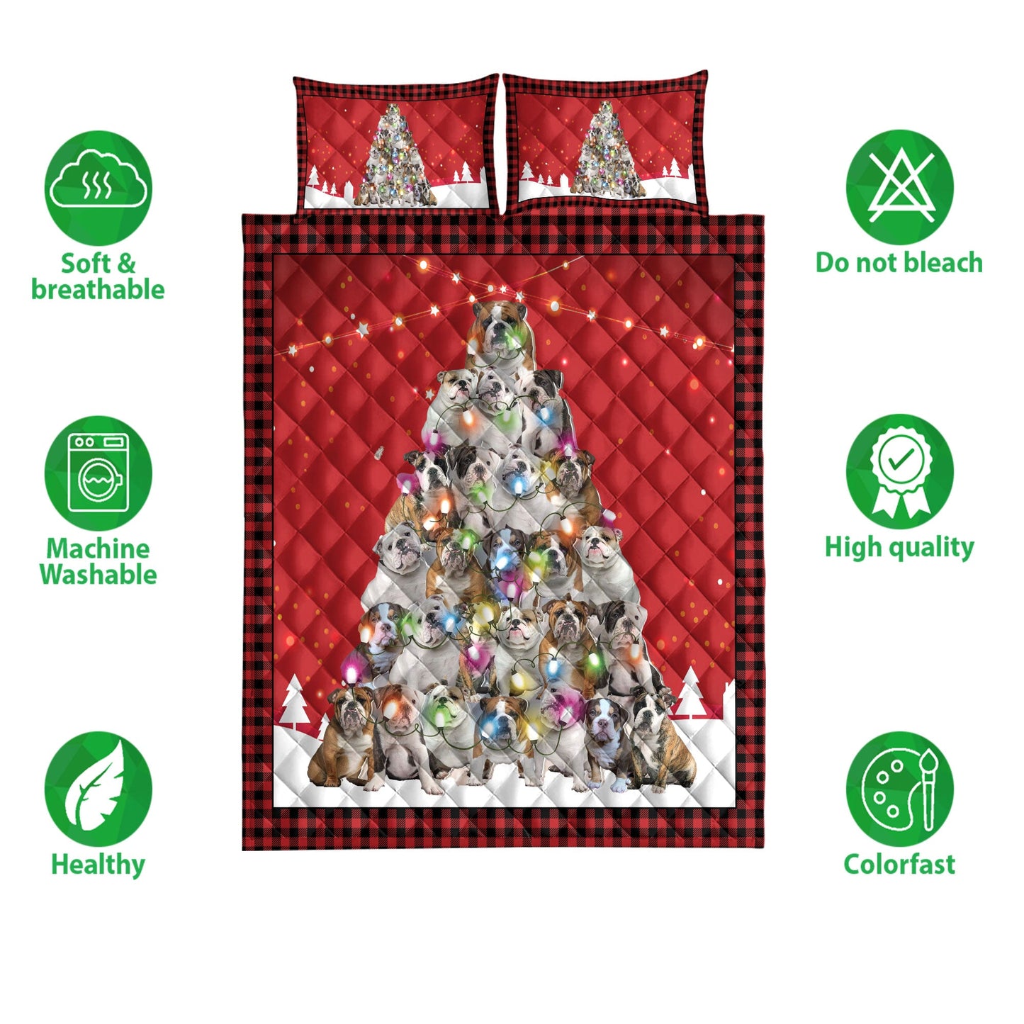 Bulldog Quilt Set, Bulldogmas Noel Xmas Tree Dog Quilt Blanket With Pillowcases, Quilt Bedding Set, Christmas Gift
