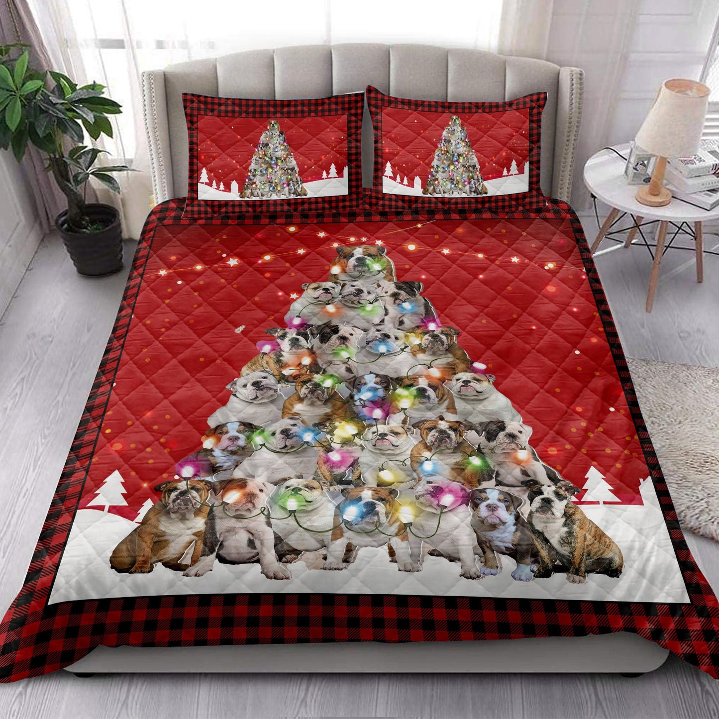 Bulldog Quilt Set, Bulldogmas Noel Xmas Tree Dog Quilt Blanket With Pillowcases, Quilt Bedding Set, Christmas Gift