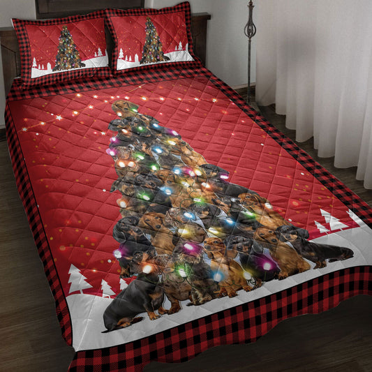 Dachshund Quilt Set, Dachshundmas Noel Xmas Tree Dog Quilt Blanket With Pillowcases, Quilt Bedding Set, Christmas Gift