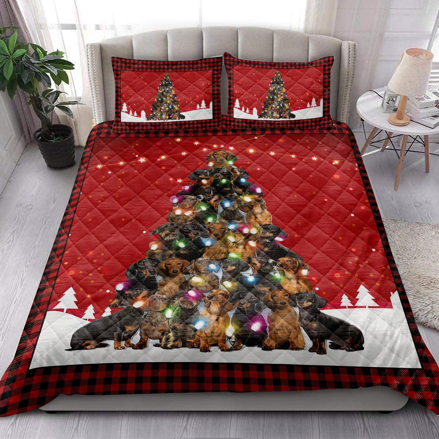 Dachshund Quilt Set, Dachshundmas Noel Xmas Tree Dog Quilt Blanket With Pillowcases, Quilt Bedding Set, Christmas Gift