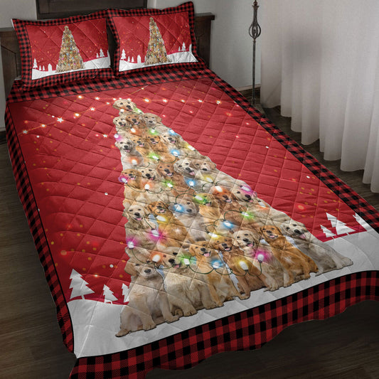 Golden Retriever Quilt Set, Golden Retrievermas Noel Xmas Tree Dog Quilt Blanket With Pillowcases, Quilt Bedding Set, Christmas Gift