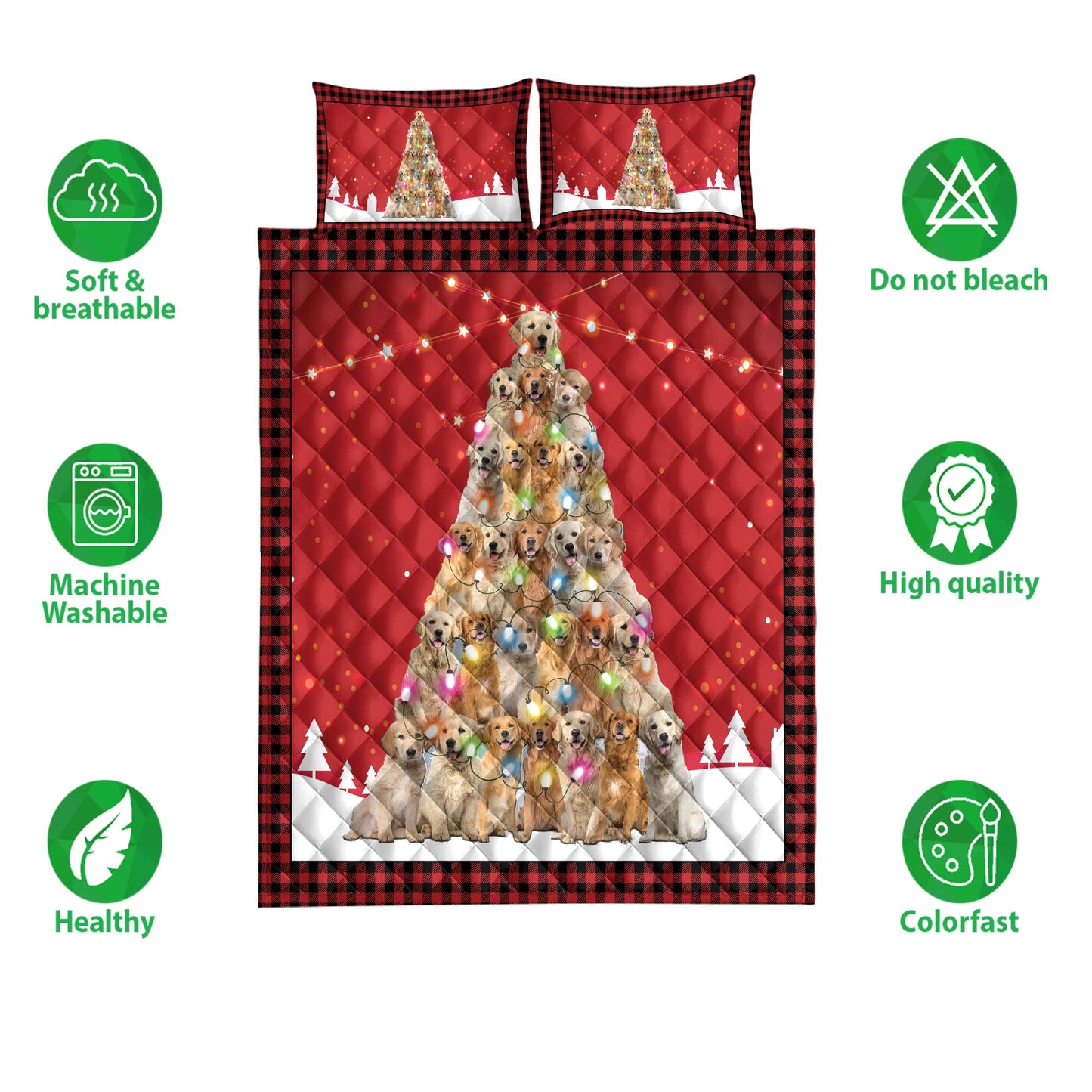 Golden Retriever Quilt Set, Golden Retrievermas Noel Xmas Tree Dog Quilt Blanket With Pillowcases, Quilt Bedding Set, Christmas Gift