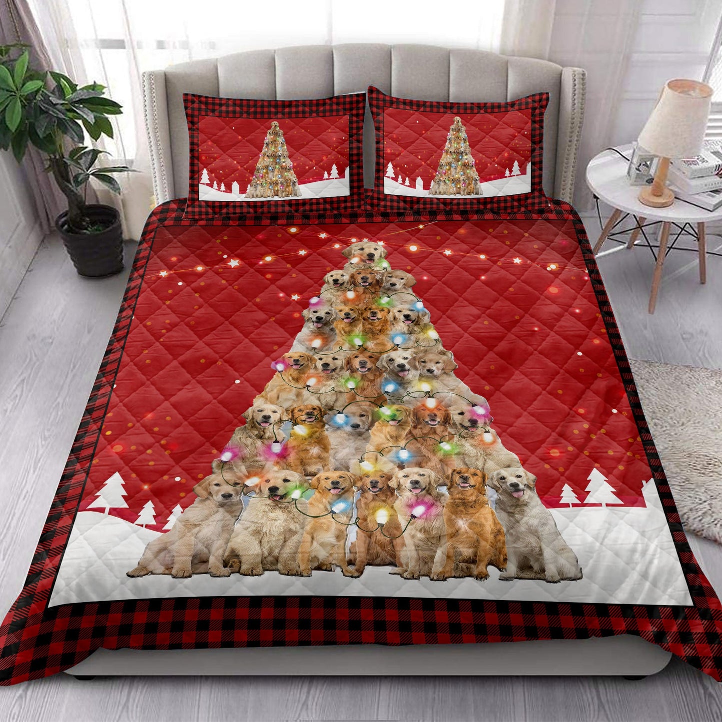 Golden Retriever Quilt Set, Golden Retrievermas Noel Xmas Tree Dog Quilt Blanket With Pillowcases, Quilt Bedding Set, Christmas Gift