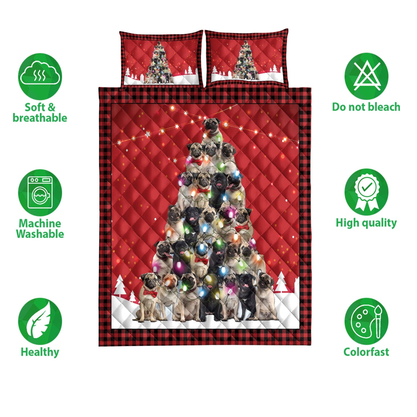 Pug Quilt Set, Pugmas Noel Xmas Tree Dog Quilt Blanket With Pillowcases, Quilt Bedding Set, Christmas Gift