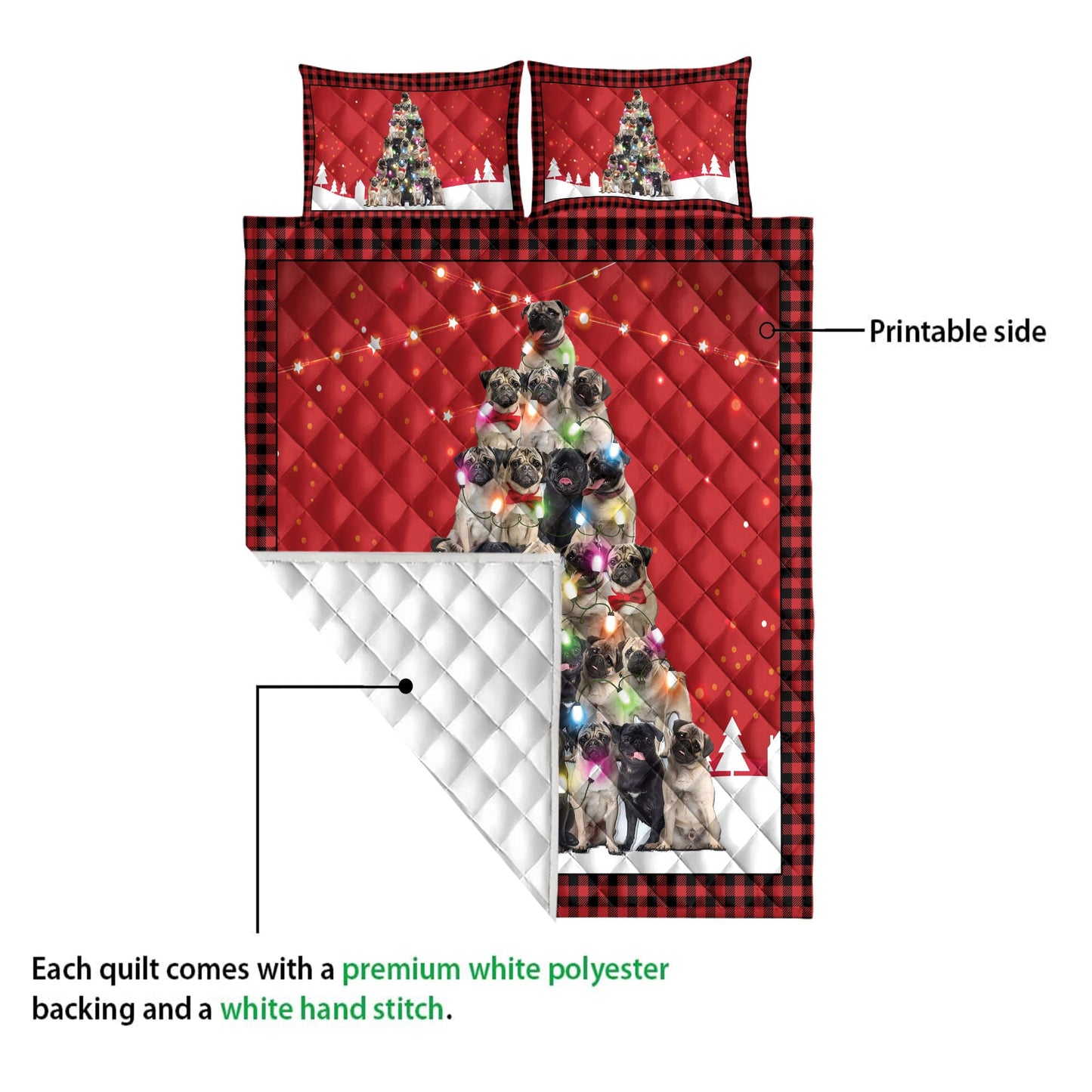 Pug Quilt Set, Pugmas Noel Xmas Tree Dog Quilt Blanket With Pillowcases, Quilt Bedding Set, Christmas Gift