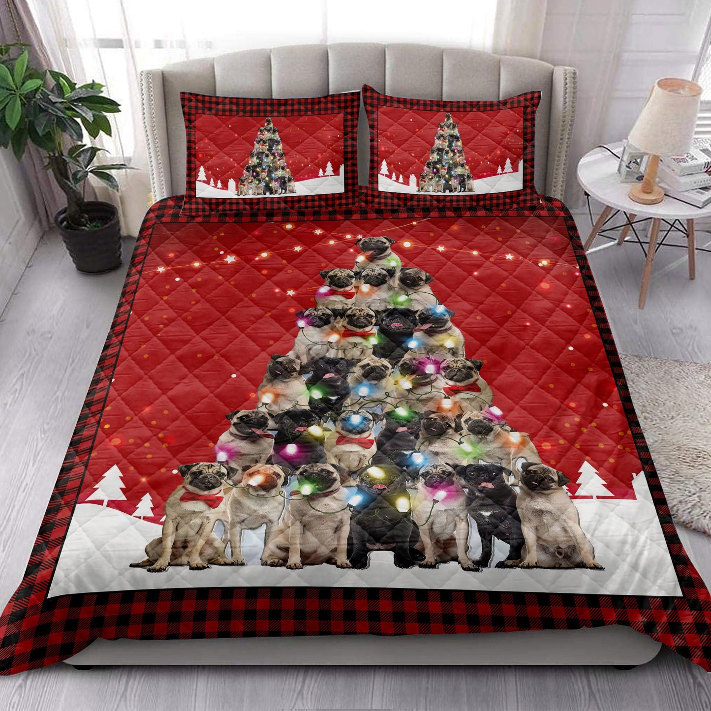 Pug Quilt Set, Pugmas Noel Xmas Tree Dog Quilt Blanket With Pillowcases, Quilt Bedding Set, Christmas Gift