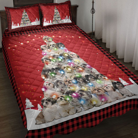 Shih Tzu Quilt Set, Shih Tzumas Noel Xmas Tree Dog Quilt Blanket With Pillowcases, Quilt Bedding Set, Christmas Gift