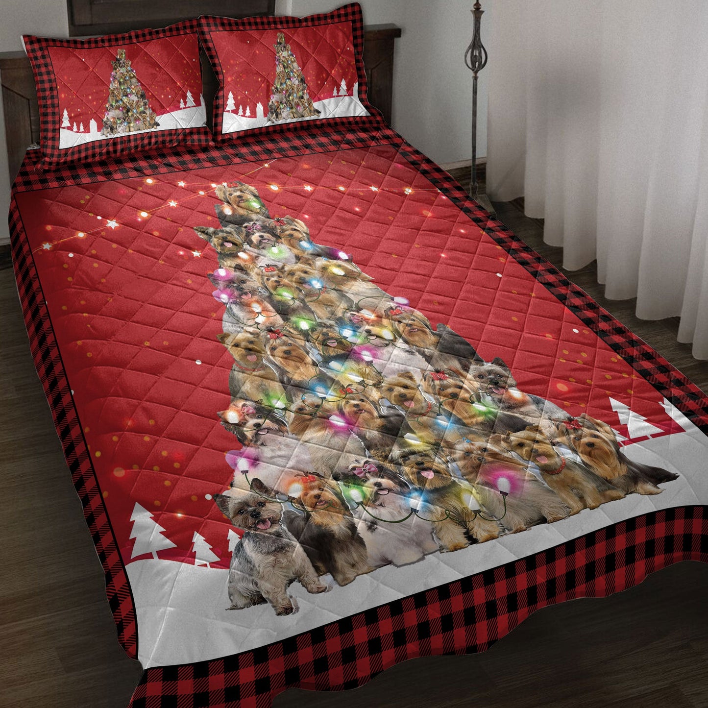Yorkshire Quilt Set, Yorkshire Terriermas Noel Xmas Tree Dog Quilt Blanket With Pillowcases, Quilt Bedding Set, Christmas Gift