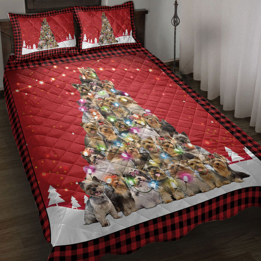 Yorkshire Quilt Set, Yorkshire Terriermas Noel Xmas Tree Dog Quilt Blanket With Pillowcases, Quilt Bedding Set, Christmas Gift