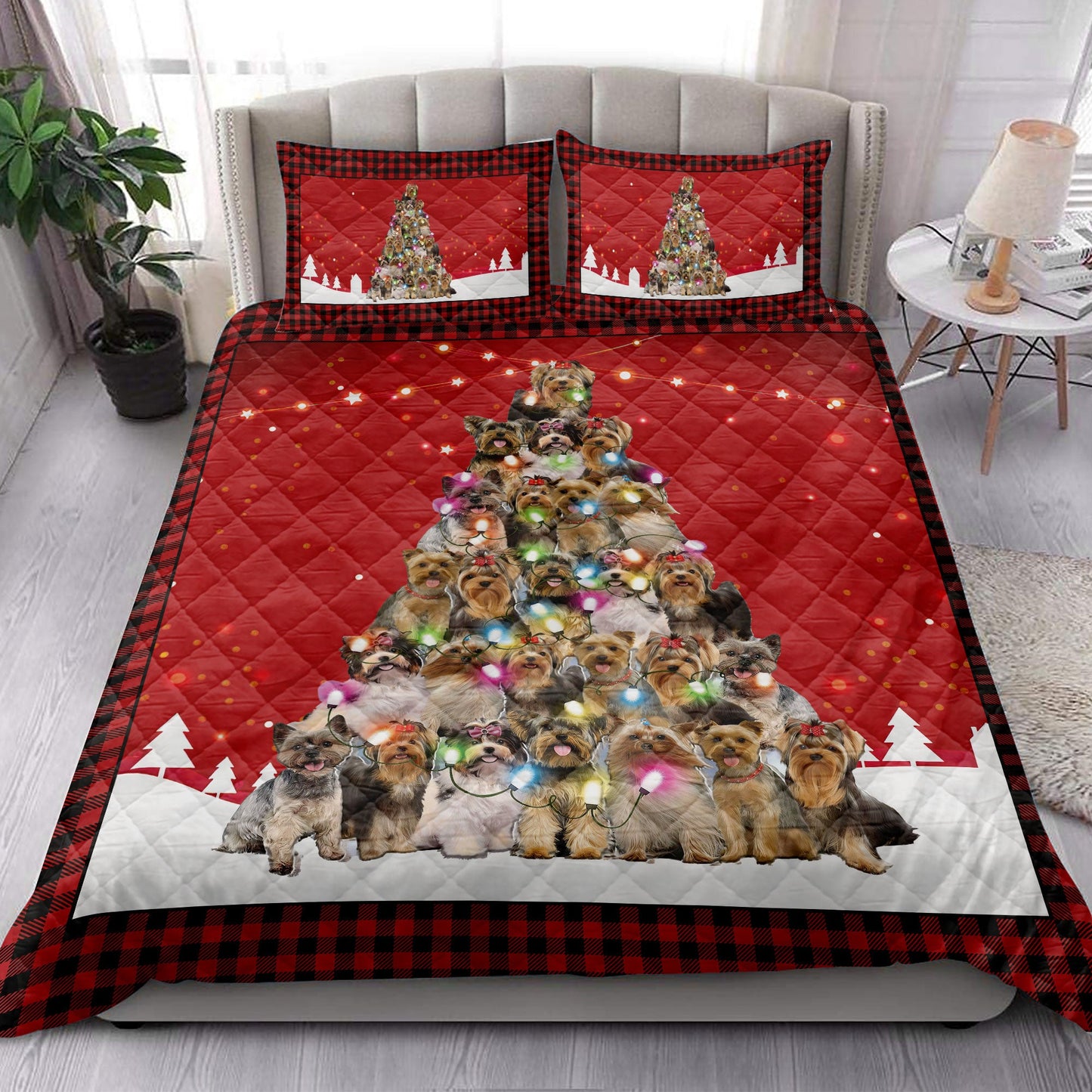 Yorkshire Quilt Set, Yorkshire Terriermas Noel Xmas Tree Dog Quilt Blanket With Pillowcases, Quilt Bedding Set, Christmas Gift