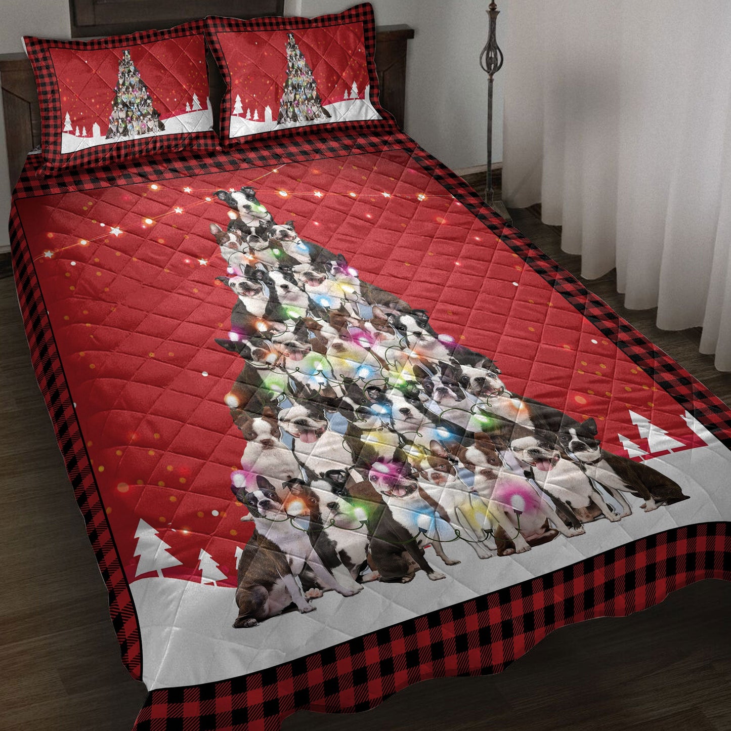 Boston Terrier Quilt Set, Boston Terriermas Noel Xmas Tree Dog Quilt Blanket With Pillowcases, Quilt Bedding Set, Christmas Gift