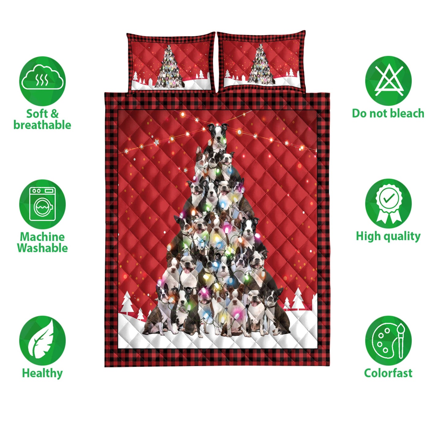 Boston Terrier Quilt Set, Boston Terriermas Noel Xmas Tree Dog Quilt Blanket With Pillowcases, Quilt Bedding Set, Christmas Gift