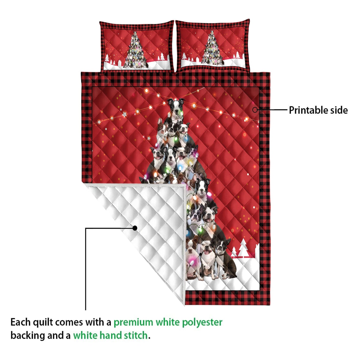 Boston Terrier Quilt Set, Boston Terriermas Noel Xmas Tree Dog Quilt Blanket With Pillowcases, Quilt Bedding Set, Christmas Gift