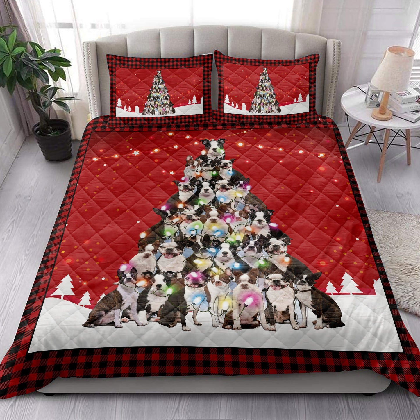 Boston Terrier Quilt Set, Boston Terriermas Noel Xmas Tree Dog Quilt Blanket With Pillowcases, Quilt Bedding Set, Christmas Gift