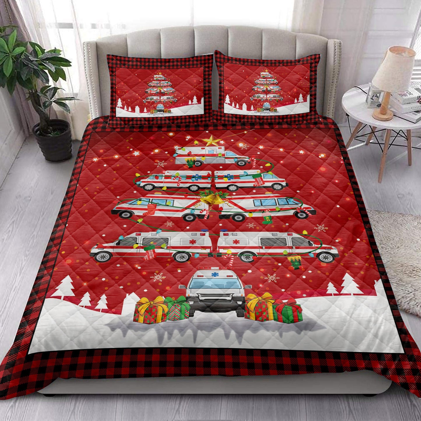Ambulance Quilt Set, Ambulancemas Noel Xmas Tree Quilt Blanket With Pillowcases, Quilt Bedding Set, Christmas Gift