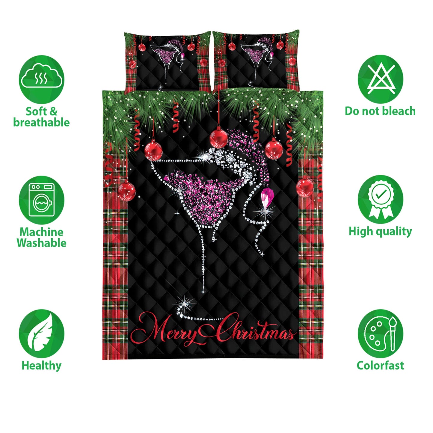 Wine Quilt Set, Merrymas Wine Diamonds Star Quilt Blanket With Pillowcases, Quilt Bedding Set, Christmas Gift