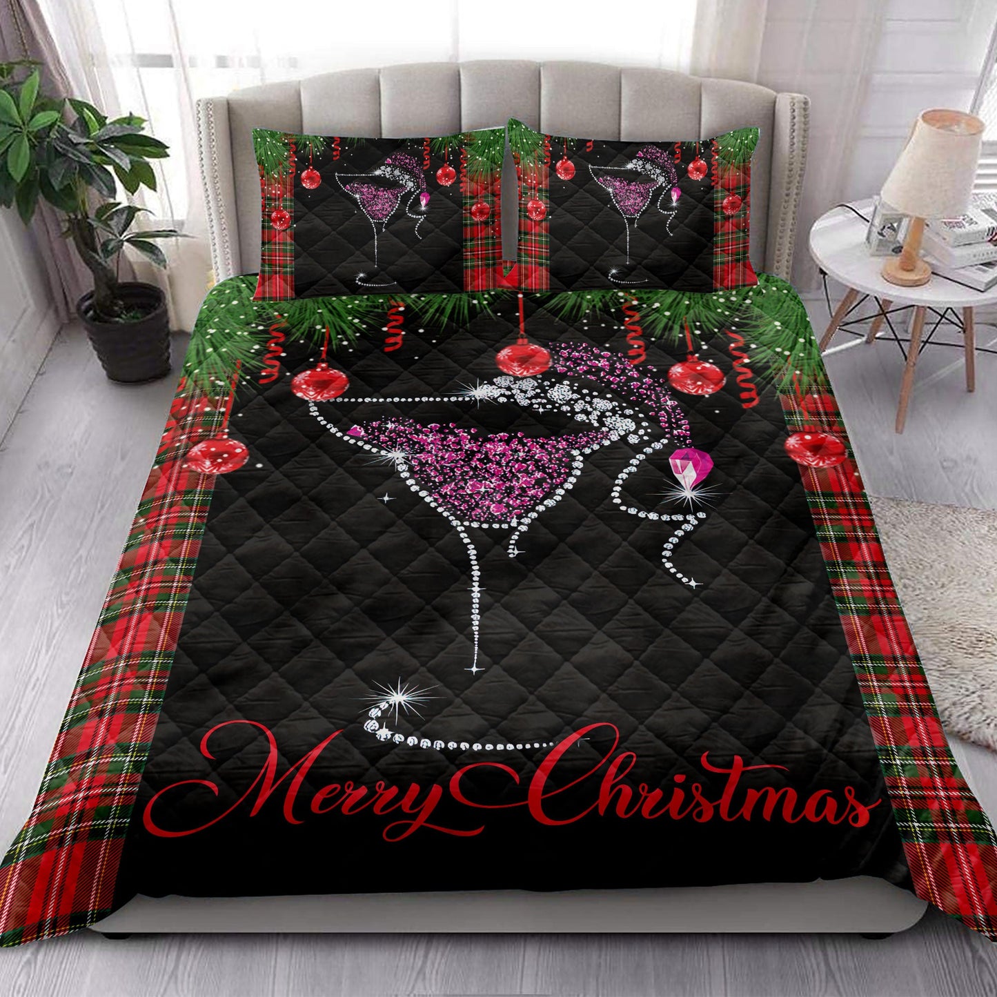 Wine Quilt Set, Merrymas Wine Diamonds Star Quilt Blanket With Pillowcases, Quilt Bedding Set, Christmas Gift