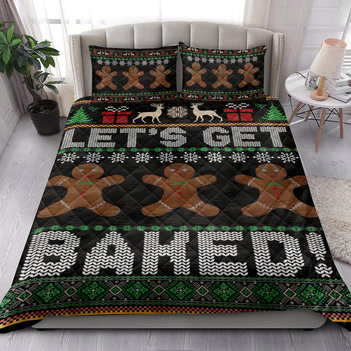 Christmas Quilt Set, Let'S Bakedmas Gingerbread Man Quilt Blanket With Pillowcases, Quilt Bedding Set, Christmas Gift