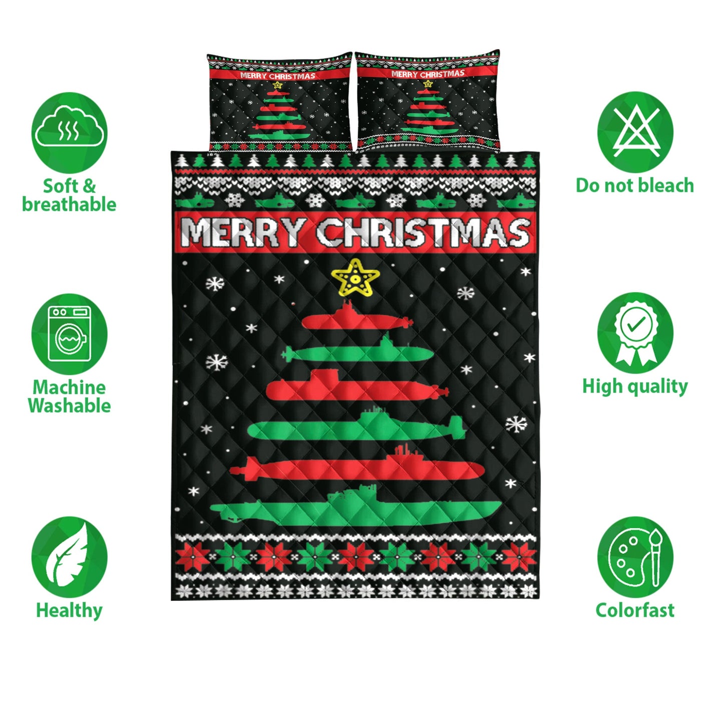 Christmas Quilt Set, Submarine Military Tree Funnymas Tree Quilt Blanket With Pillowcases, Quilt Bedding Set, Christmas Gift