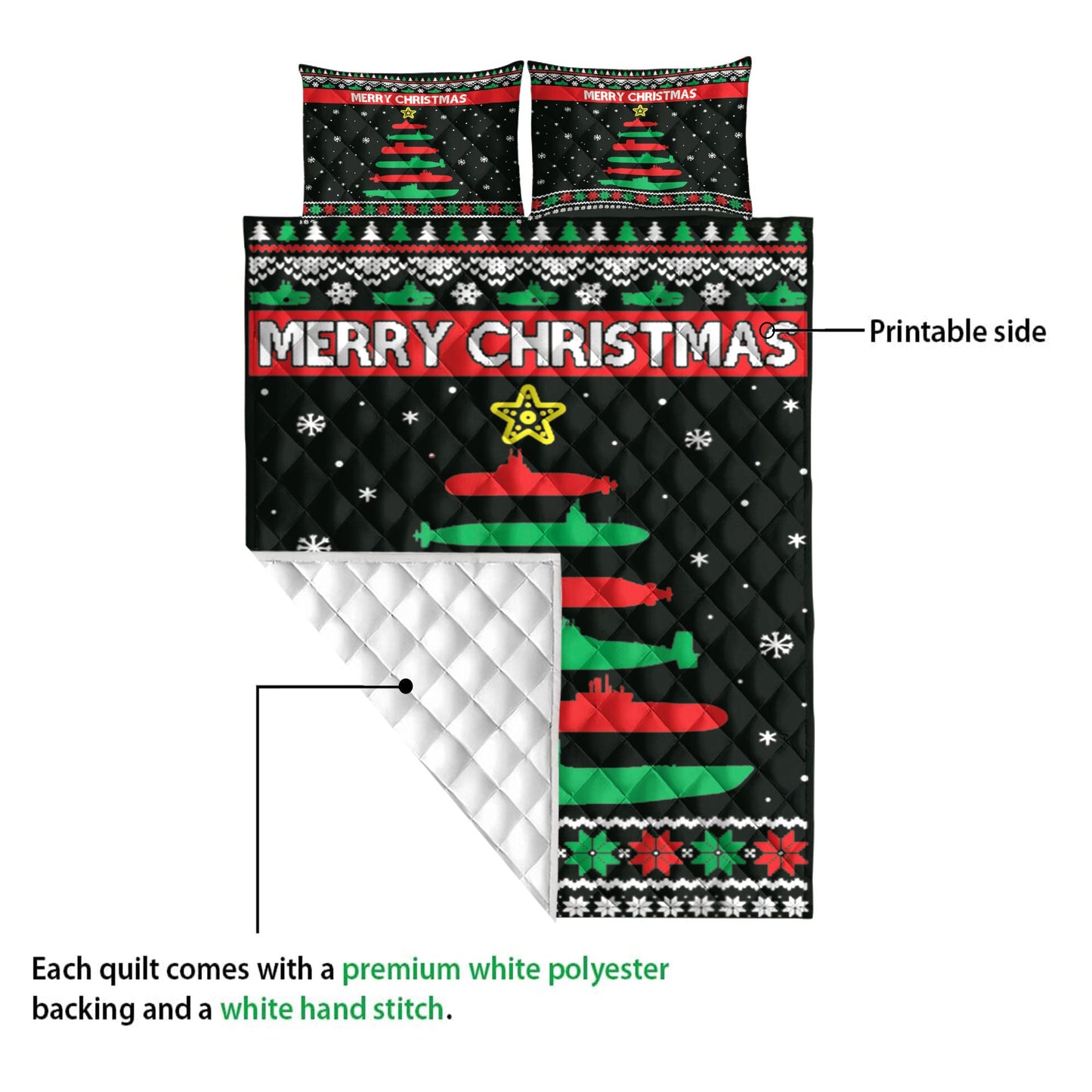 Christmas Quilt Set, Submarine Military Tree Funnymas Tree Quilt Blanket With Pillowcases, Quilt Bedding Set, Christmas Gift