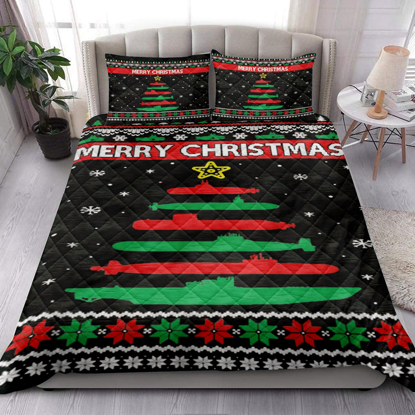 Christmas Quilt Set, Submarine Military Tree Funnymas Tree Quilt Blanket With Pillowcases, Quilt Bedding Set, Christmas Gift