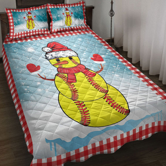 Softball Quilt Set, Funnymas Softball Balls Santa Snowman Quilt Blanket With Pillowcases, Quilt Bedding Set, Christmas Gift