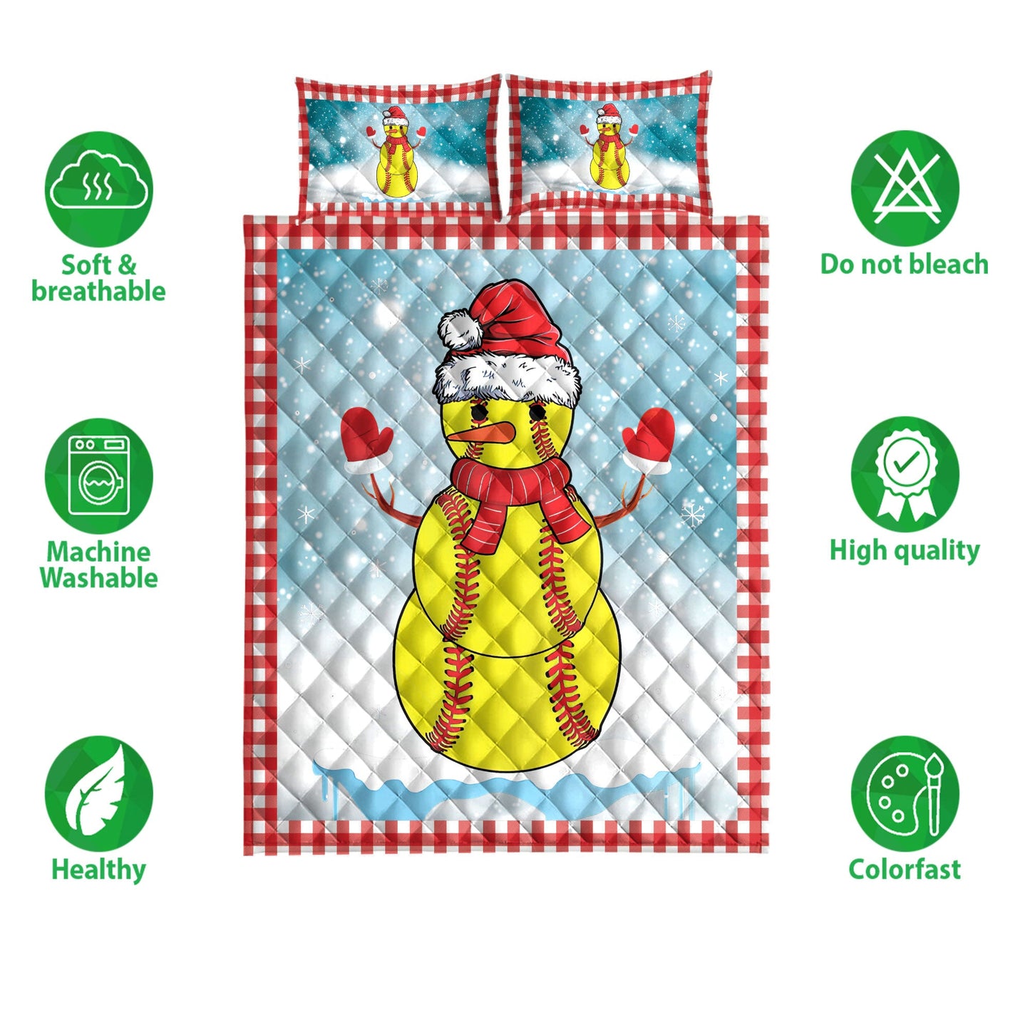 Softball Quilt Set, Funnymas Softball Balls Santa Snowman Quilt Blanket With Pillowcases, Quilt Bedding Set, Christmas Gift