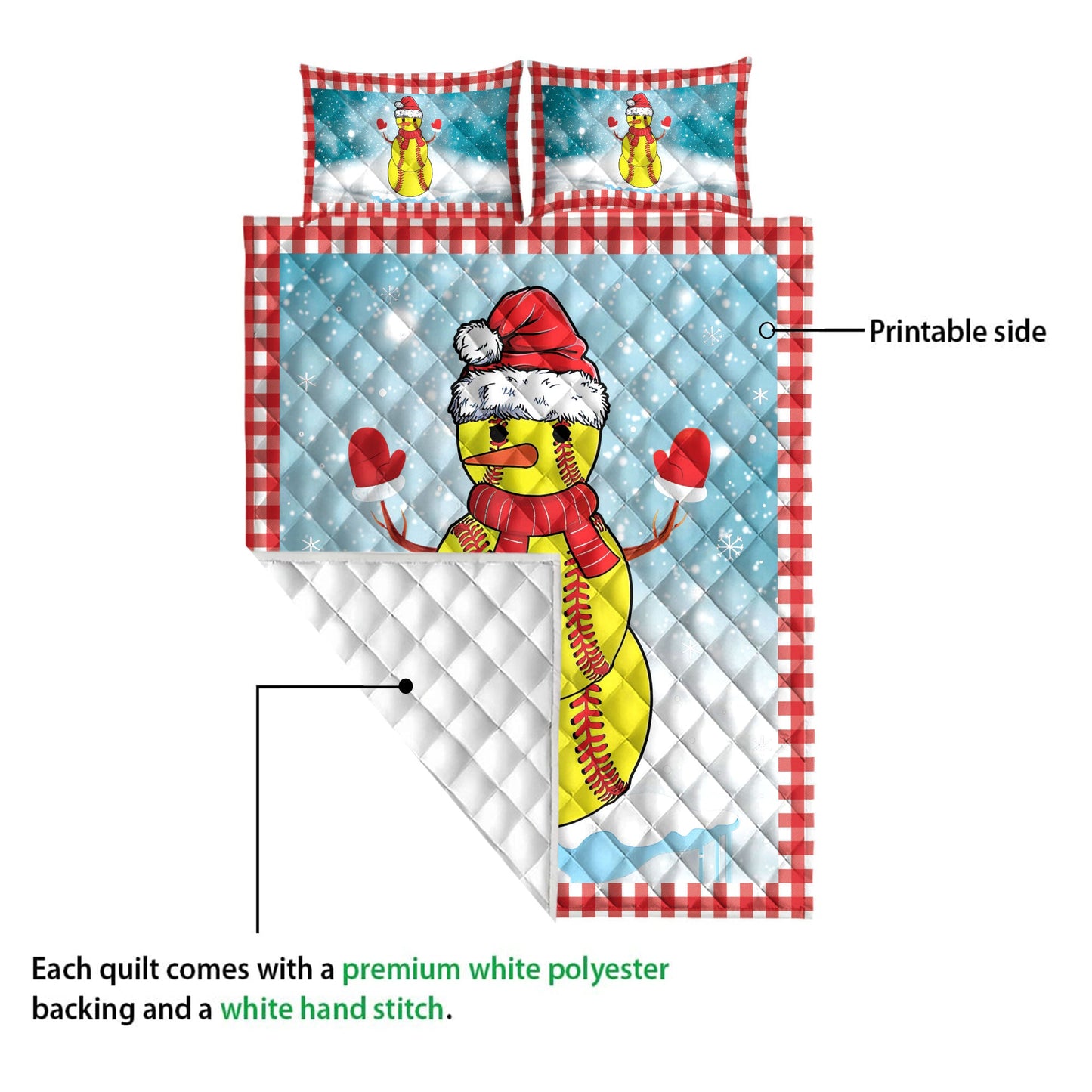 Softball Quilt Set, Funnymas Softball Balls Santa Snowman Quilt Blanket With Pillowcases, Quilt Bedding Set, Christmas Gift