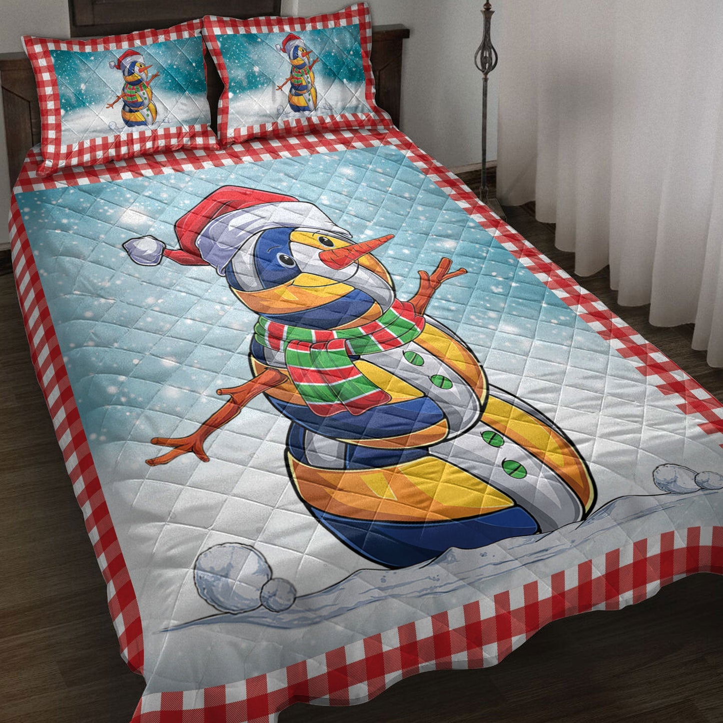 Volleyball Quilt Set, Funnymas Volleyball Balls Santa Snowman Quilt Blanket With Pillowcases, Quilt Bedding Set, Christmas Gift