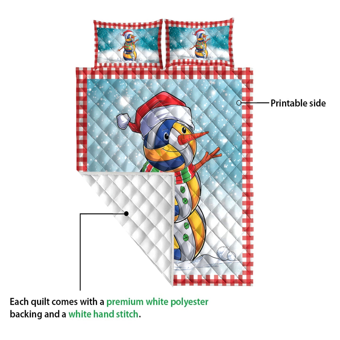 Volleyball Quilt Set, Funnymas Volleyball Balls Santa Snowman Quilt Blanket With Pillowcases, Quilt Bedding Set, Christmas Gift