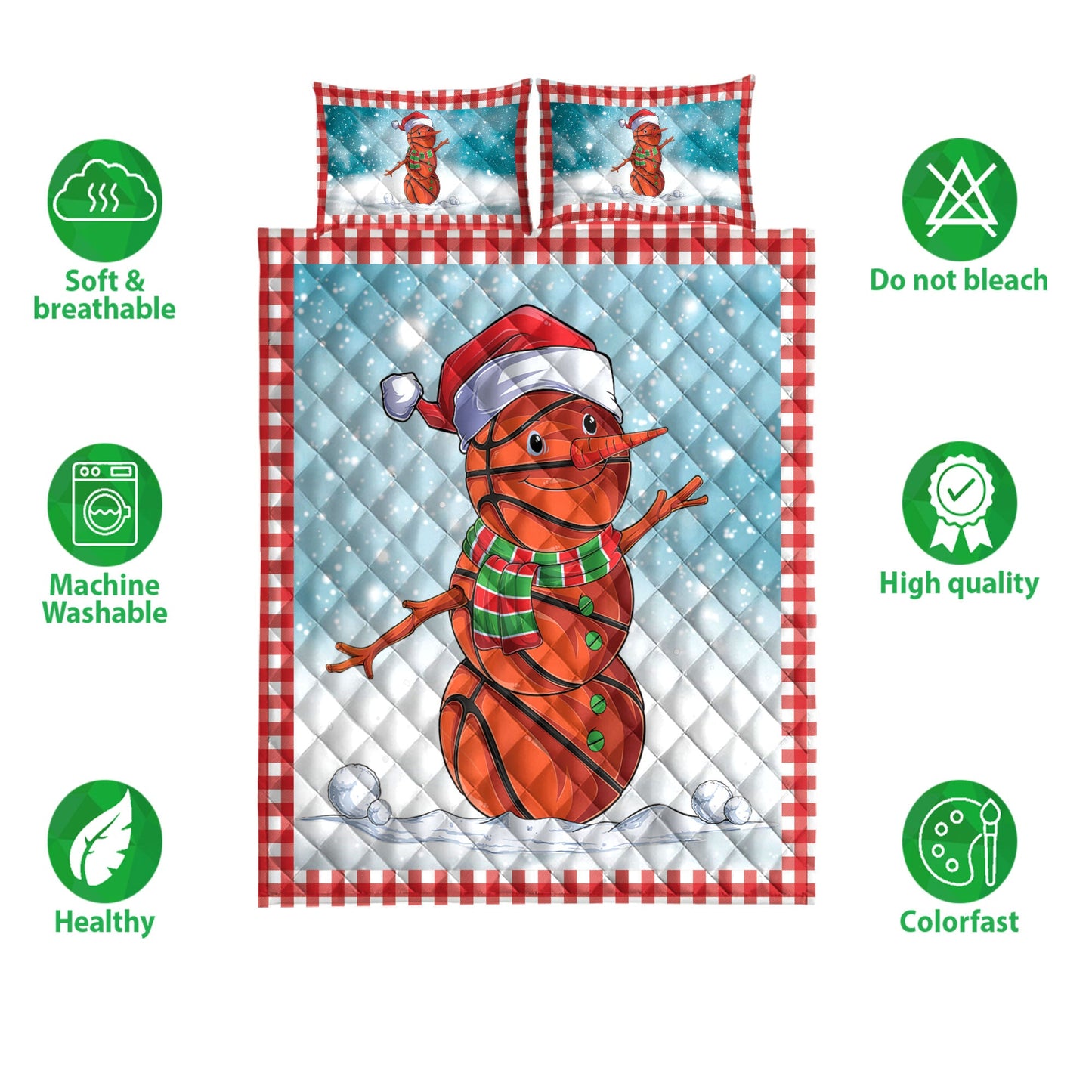 Basketball Quilt Set, Funnymas Basketball Balls Santa Snowman Quilt Blanket With Pillowcases, Quilt Bedding Set, Christmas Gift
