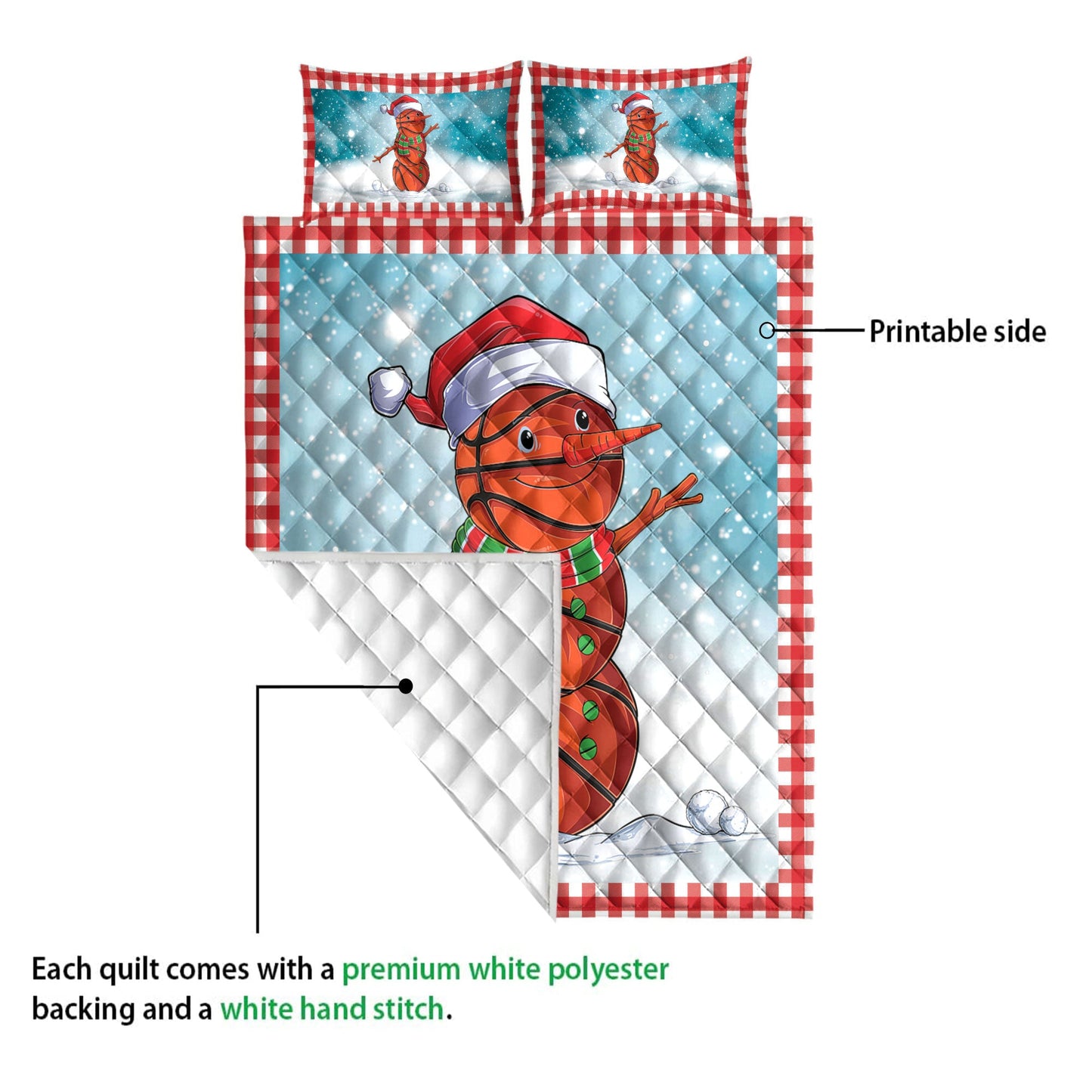 Basketball Quilt Set, Funnymas Basketball Balls Santa Snowman Quilt Blanket With Pillowcases, Quilt Bedding Set, Christmas Gift