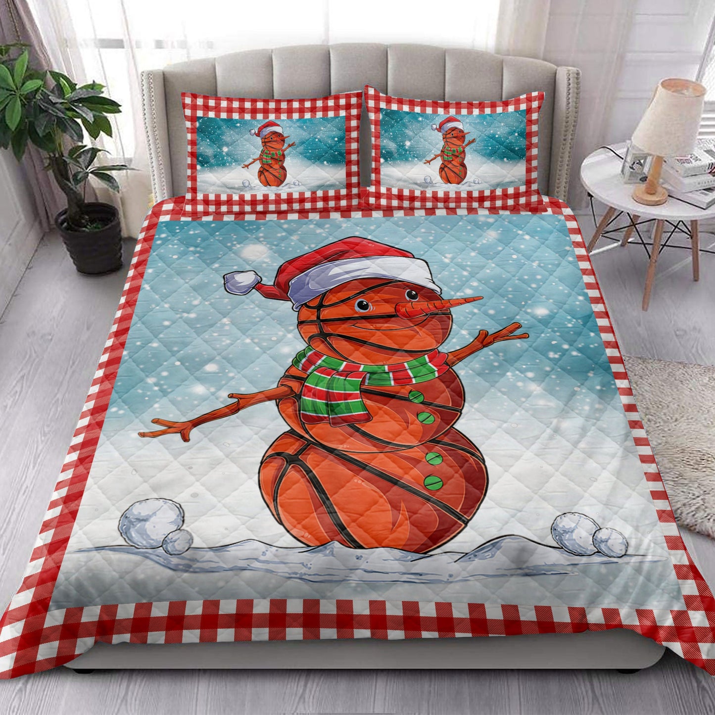 Basketball Quilt Set, Funnymas Basketball Balls Santa Snowman Quilt Blanket With Pillowcases, Quilt Bedding Set, Christmas Gift