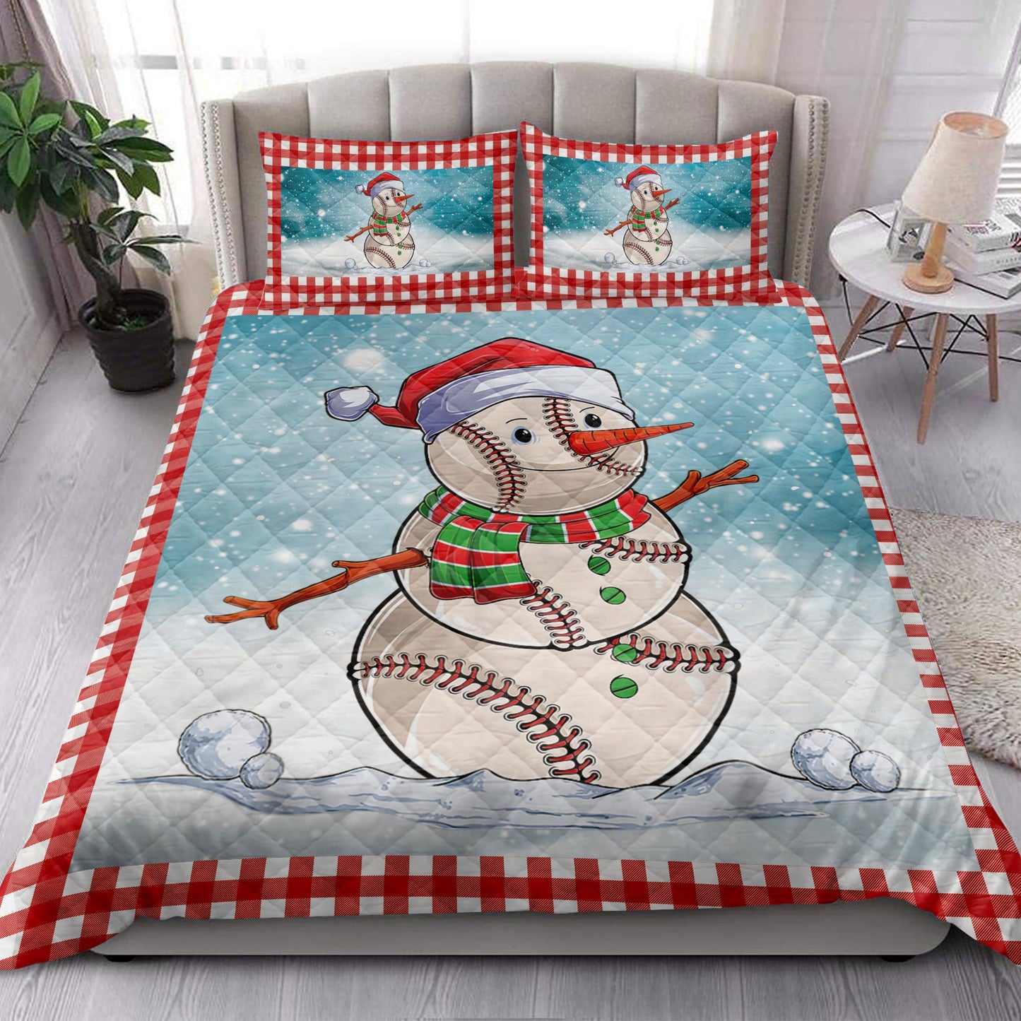 Baseball Quilt Set, Funnymas Baseball Balls Santa Snowman Quilt Blanket With Pillowcases, Quilt Bedding Set, Christmas Gift, Sports Gifts