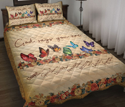 Butterfly, Christian, Jesus, God, Bible Quilt Set, Butterfly God Say You Are Style Flower Quilt Blanket With Pillowcases, Quilt Bedding Set