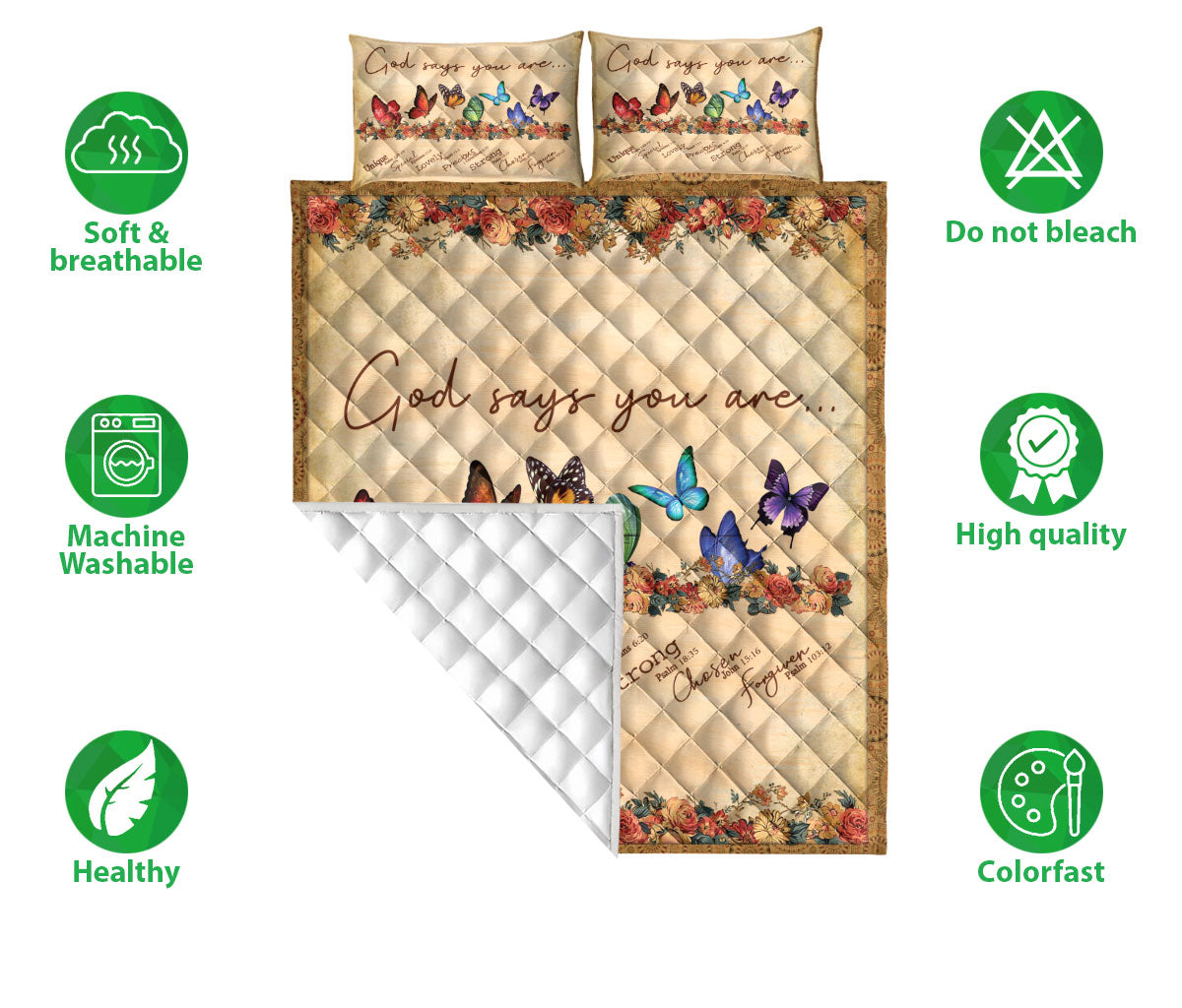 Butterfly, Christian, Jesus, God, Bible Quilt Set, Butterfly God Say You Are Style Flower Quilt Blanket With Pillowcases, Quilt Bedding Set