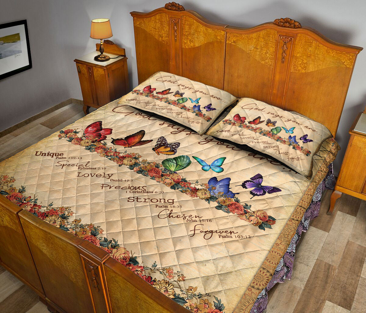 Butterfly, Christian, Jesus, God, Bible Quilt Set, Butterfly God Say You Are Style Flower Quilt Blanket With Pillowcases, Quilt Bedding Set